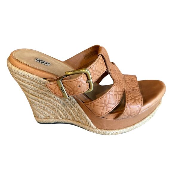 UGG Hedy Embossed Leather Platform Wedge Heels Tawny Tan 7 - Picture 1 of 8